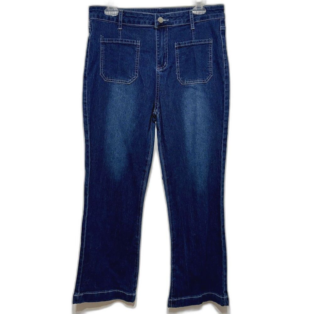 Jeans High Rise Wide Leg Flare Dark Blue Wash 70s Retro Trendy Womens sz Large 6